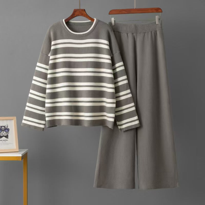 Women's Spring And Autumn Stripe Knitted Casual Top And Wide Leg Pants