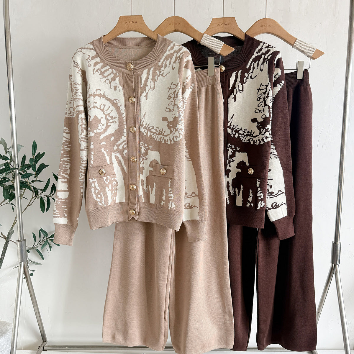 Women's Fall Winter Printed Knitted Cardigan And Wide Leg Pants Two