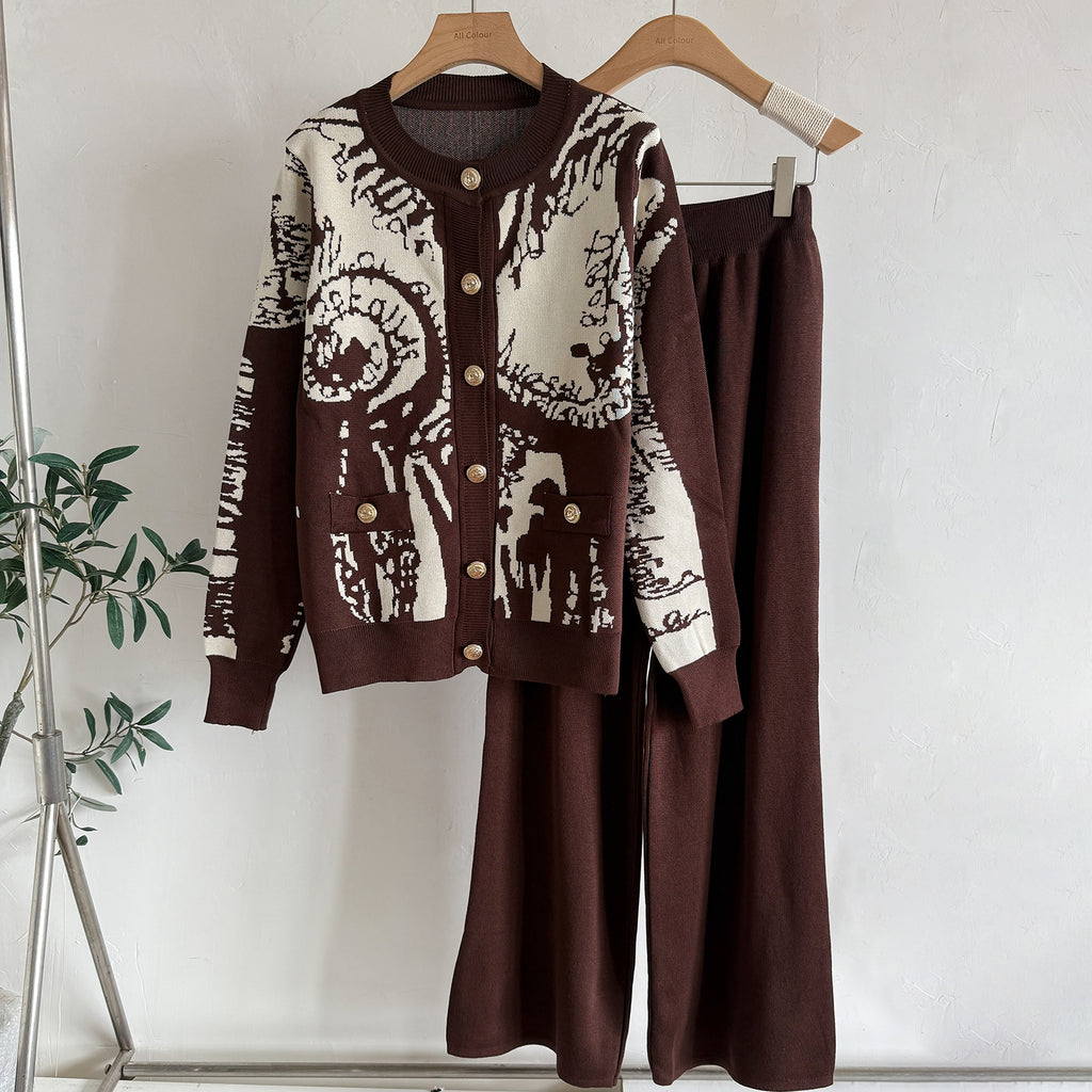 Women's Fall Winter Printed Knitted Cardigan And Wide Leg Pants Two