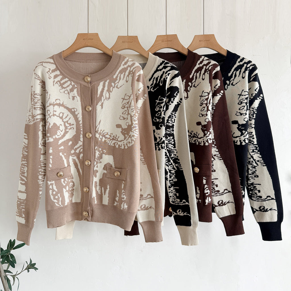 Women's Fall Winter Printed Knitted Cardigan And Wide Leg Pants Two