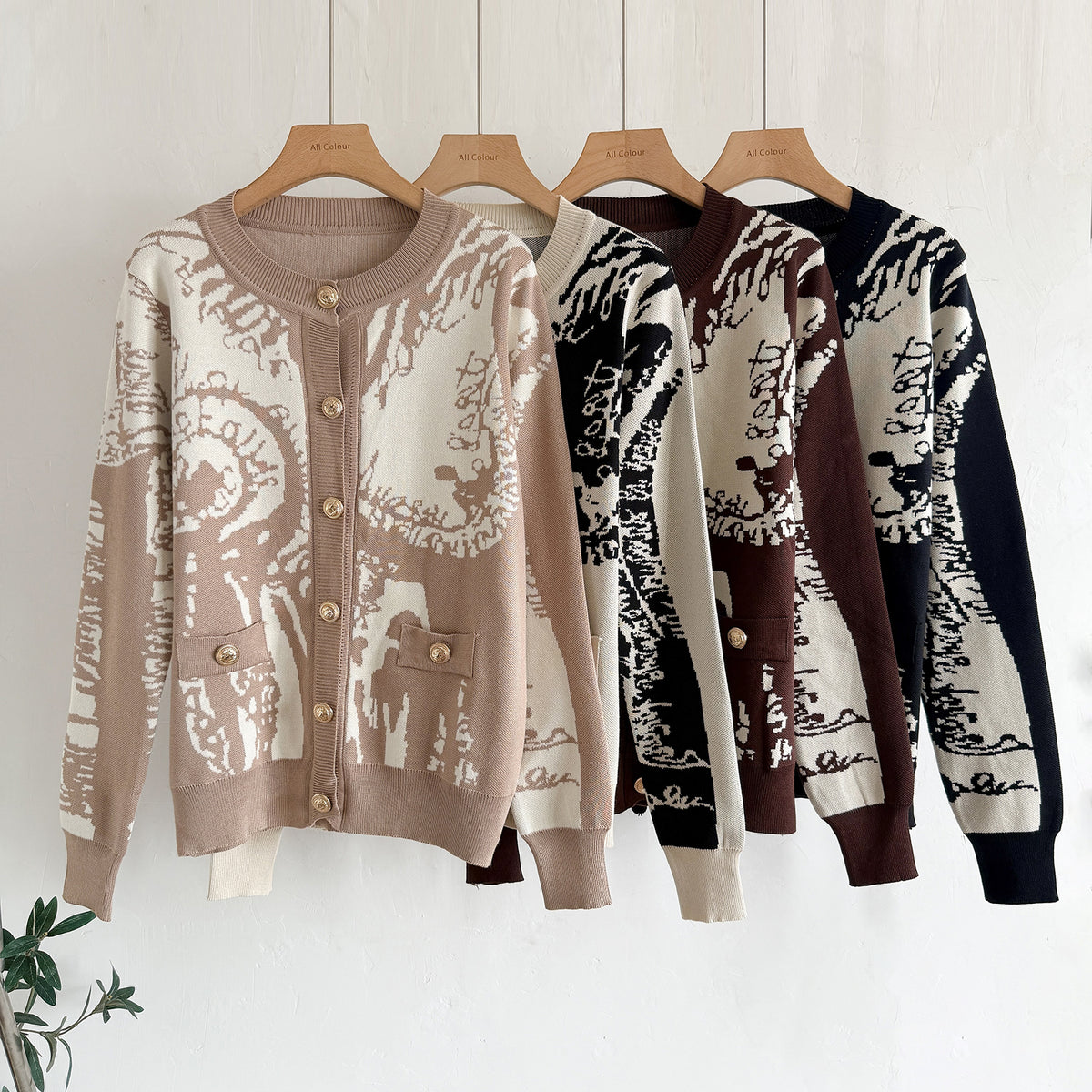 Women's Fall Winter Printed Knitted Cardigan And Wide Leg Pants Two