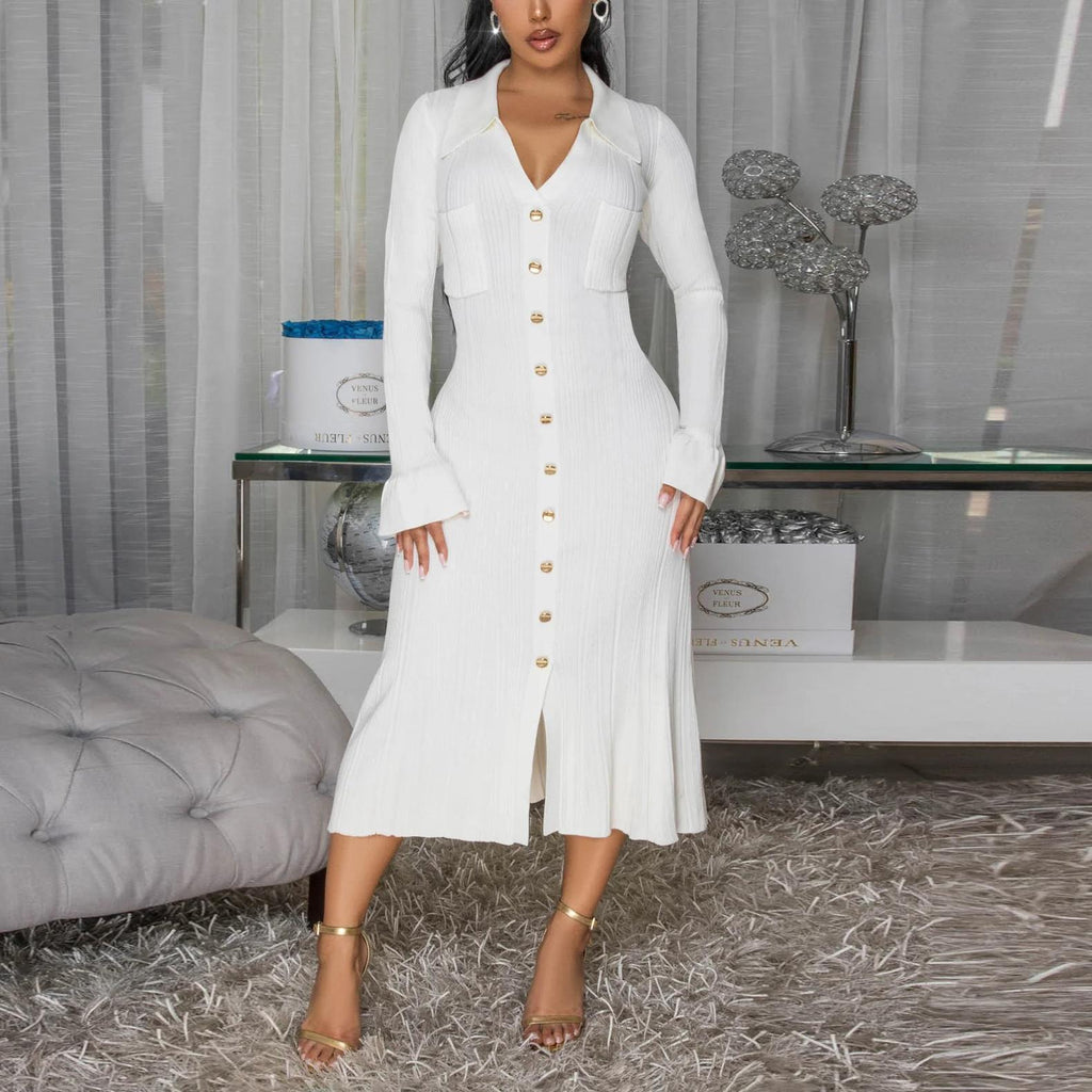 V-Neck Button Long-Sleeve Dress