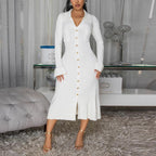 V-Neck Button Long-Sleeve Dress