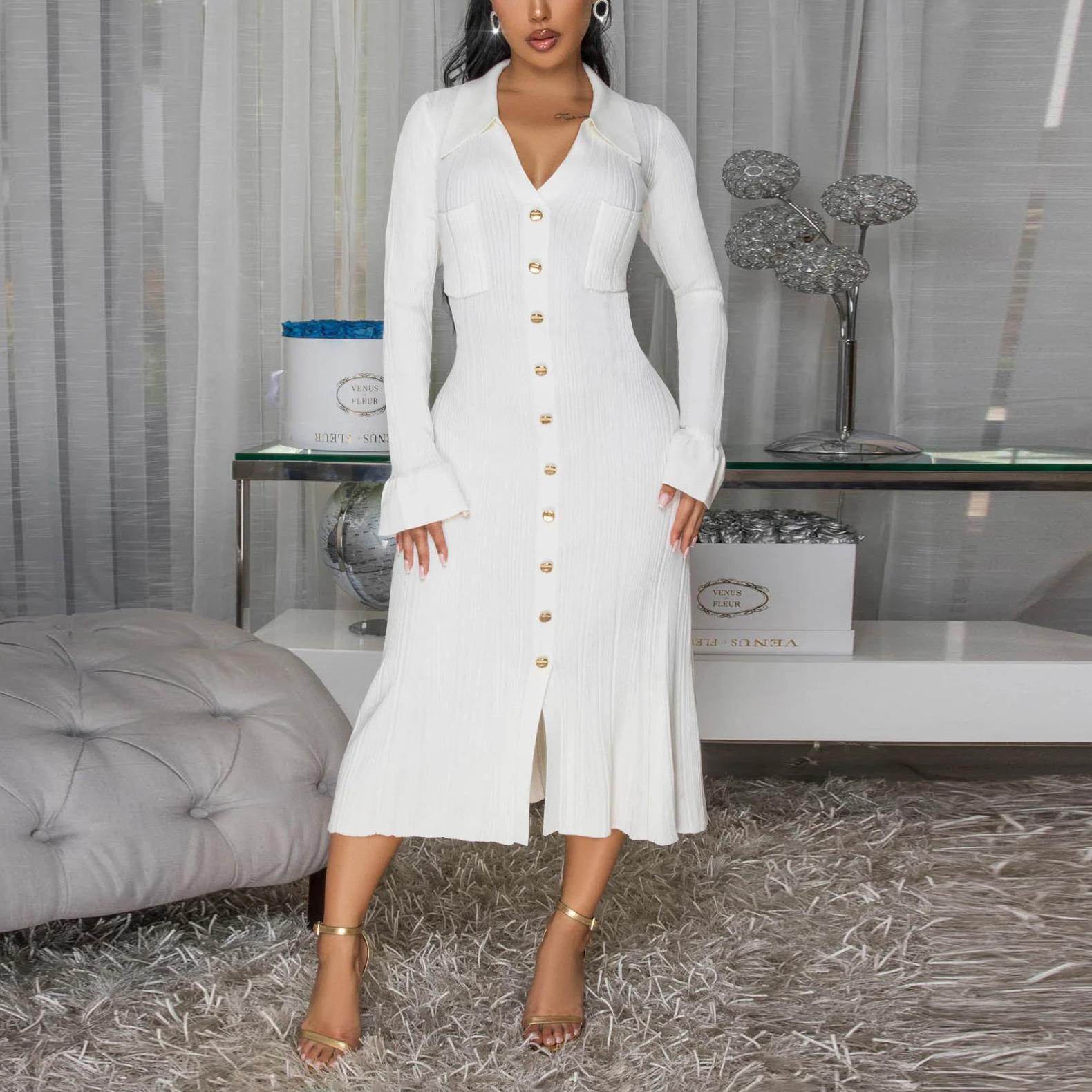 V-Neck Button Long-Sleeve Dress