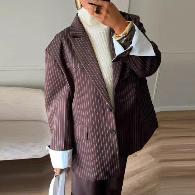 Women's Brown Striped Loose Two Button Blazer Coat