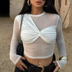 Women’s White Sheer Mesh Ruched Twist Crop Top