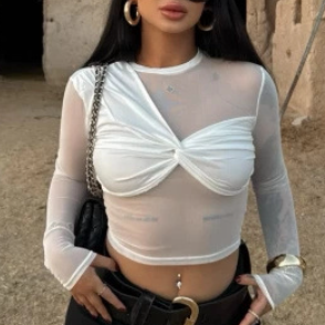 Women’s White Sheer Mesh Ruched Twist Crop Top