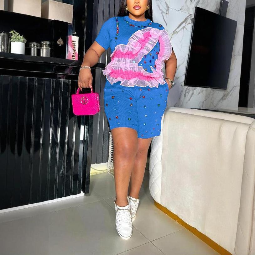 Women's Summer Round Neck Drilling Casual Two Piece Set Shorts Short