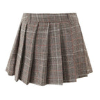 Autumn French Preppy Casual Belt Lined Plaid Pleated Skirt