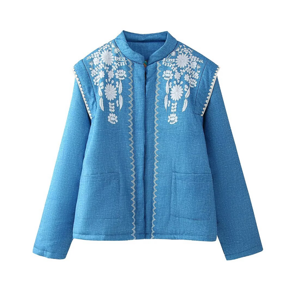 Women's Printed Denim Color Cotton Padded Long Sleeve Coat