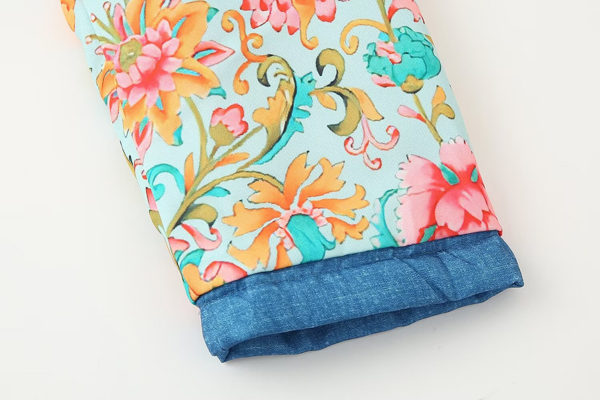 Women's Printed Denim Color Cotton Padded Long Sleeve Coat