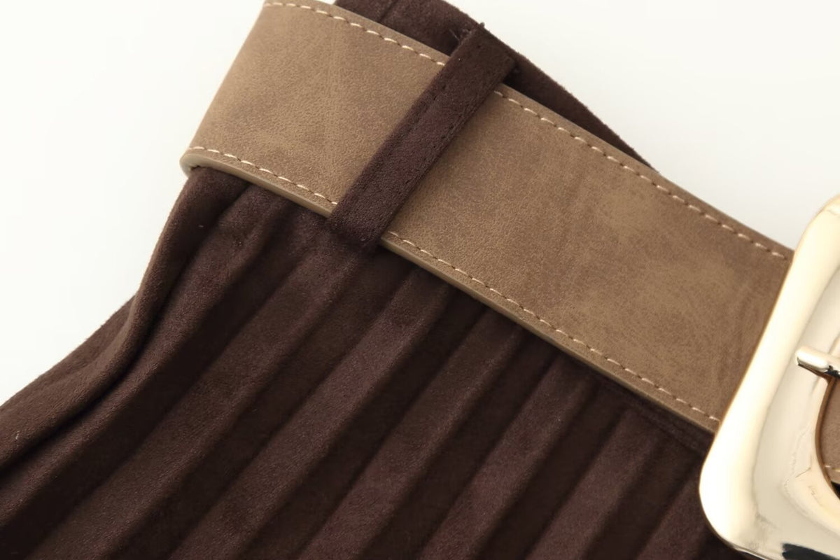 Women's With Belt Suede Effect Pleated Skirt