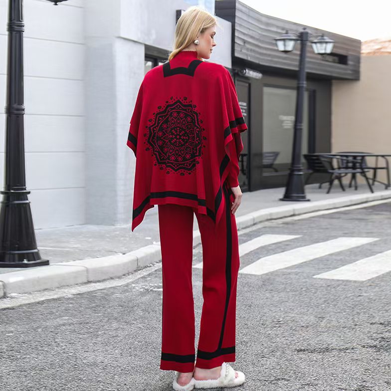 Women's Autumn And Winter Knitted Sweater Wide Leg Pants Three Piece Set