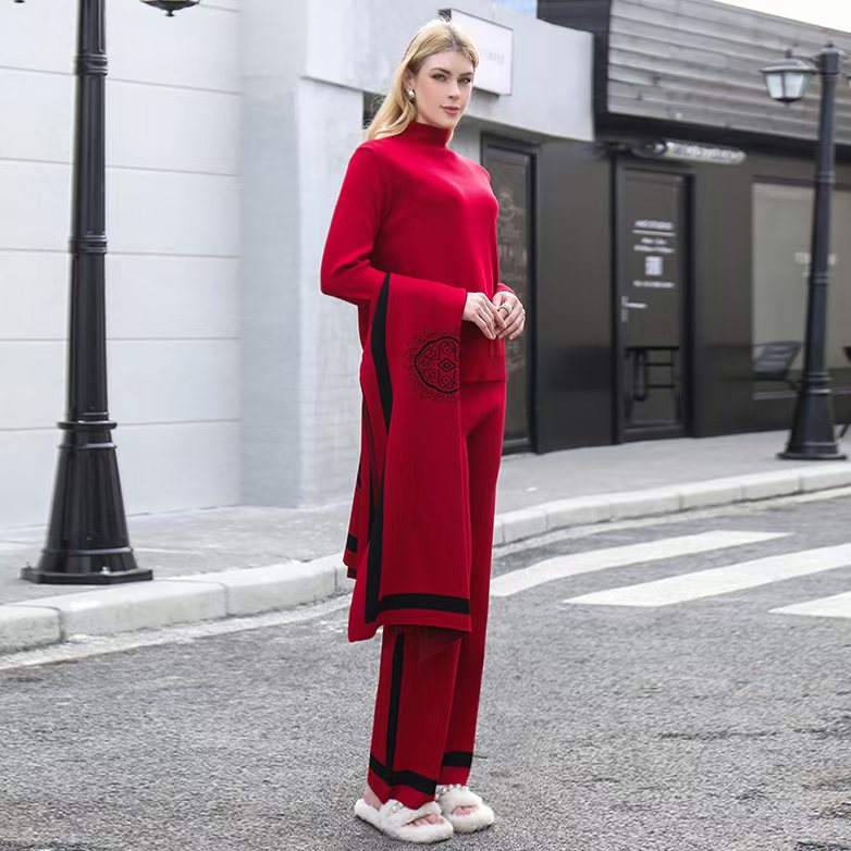 Women's Autumn And Winter Knitted Sweater Wide Leg Pants Three Piece Set