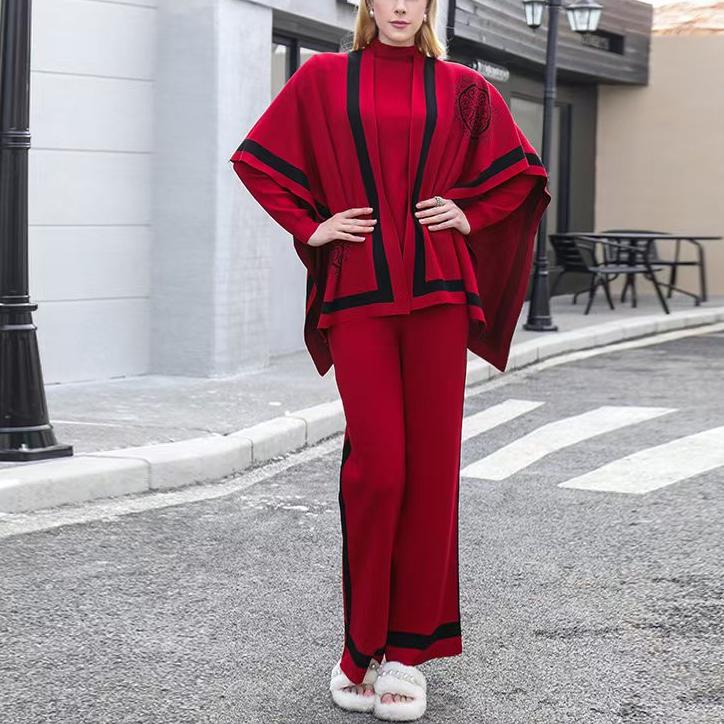 Women's Autumn And Winter Knitted Sweater Wide Leg Pants Three Piece Set