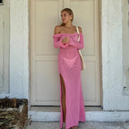Solid Color Idle Beach Dress Loose Bare Back Side Slit Hollow Out Cutout Knitted Dress for Women