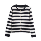 Women's Autumn Casual Loose Striped Round-Neck Single Breasted Sweater