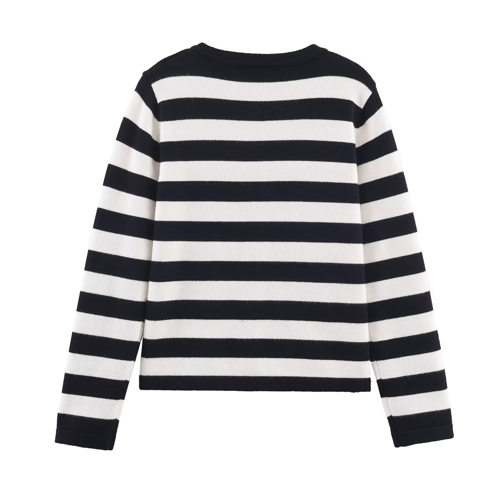 Women's Autumn Casual Loose Striped Round-Neck Single Breasted Sweater