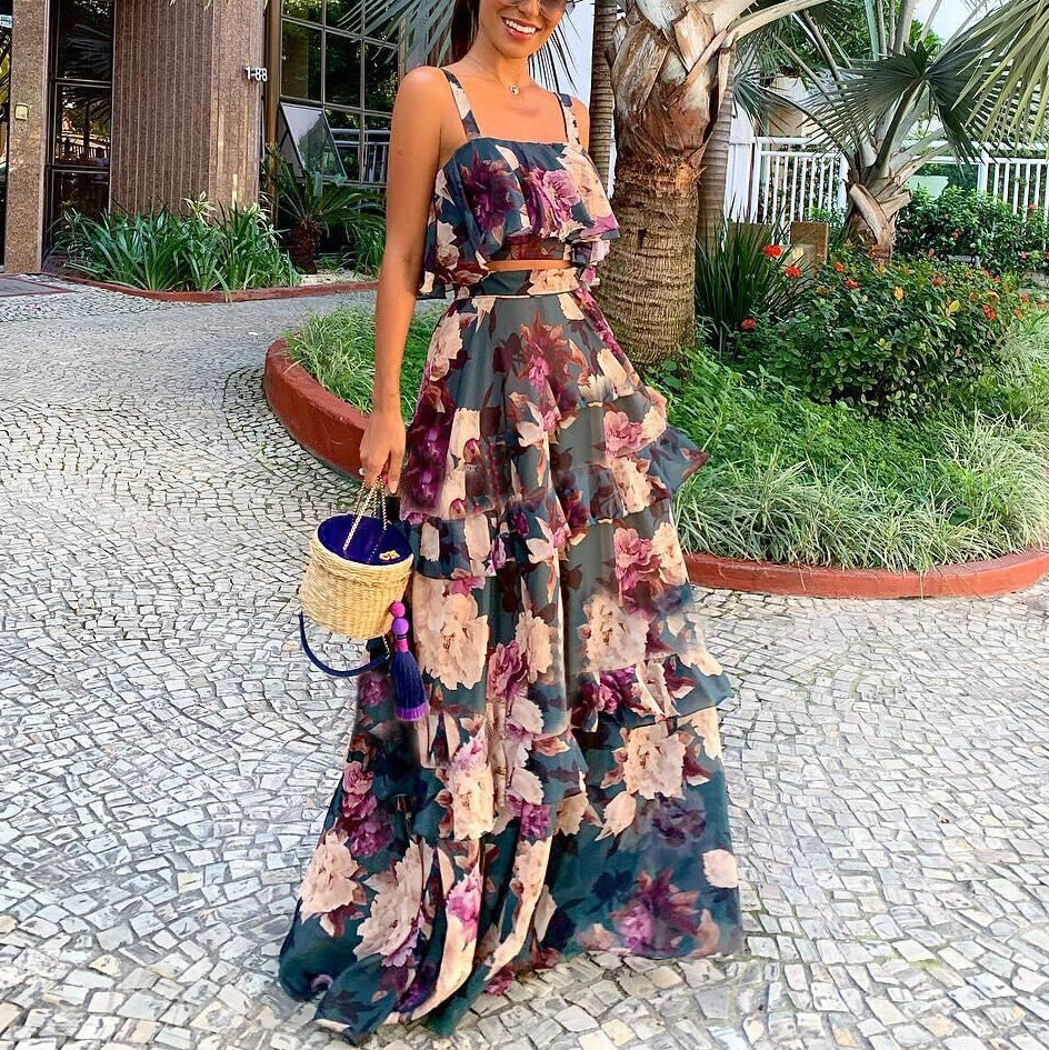 Women's Chiffon Maxi Dress Printed Strap Top Lotus Leaf Maxi Skirt Set