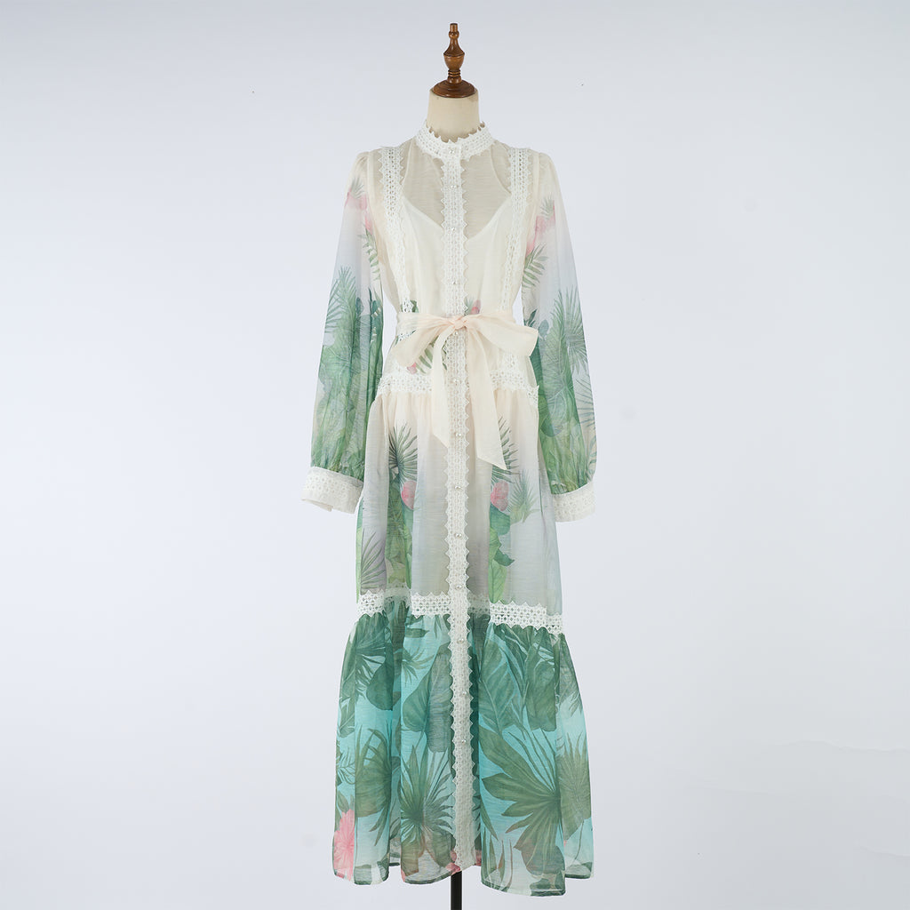 Spring Autumn Stand Up Collar Printed Maxi Dress