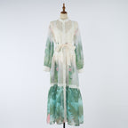 Spring Autumn Stand Up Collar Printed Maxi Dress