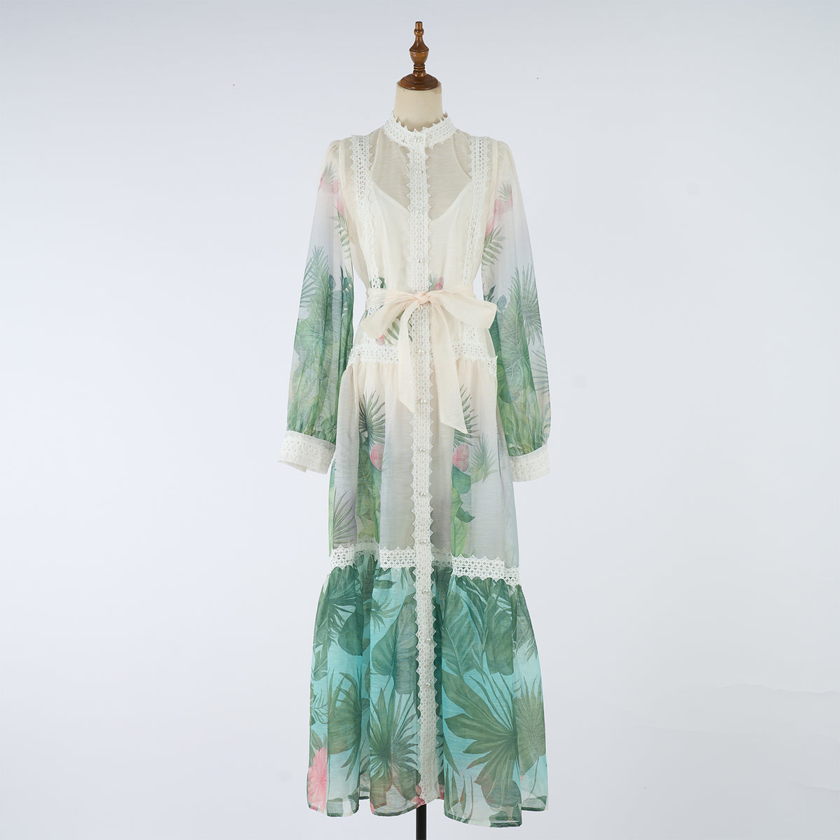 Spring Autumn Stand Up Collar Printed Maxi Dress