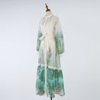 Spring Autumn Stand Up Collar Printed Maxi Dress