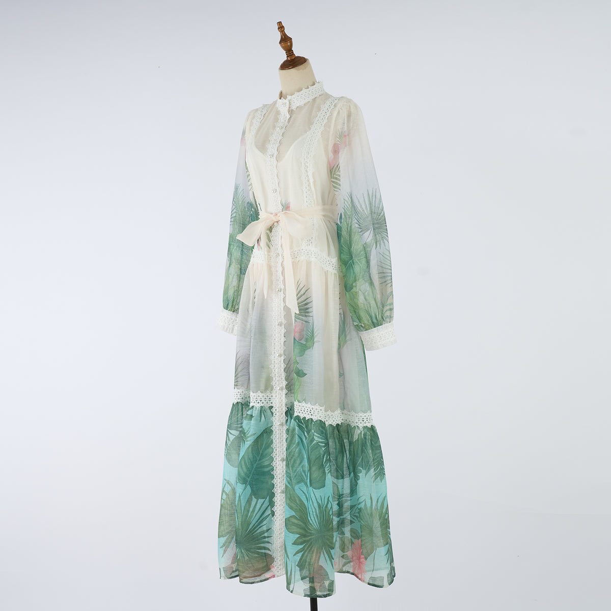 Spring Autumn Stand Up Collar Printed Maxi Dress