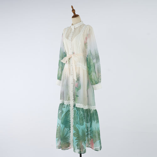 Women Spring Autumn Stand Up Collar Printed Maxi Dress