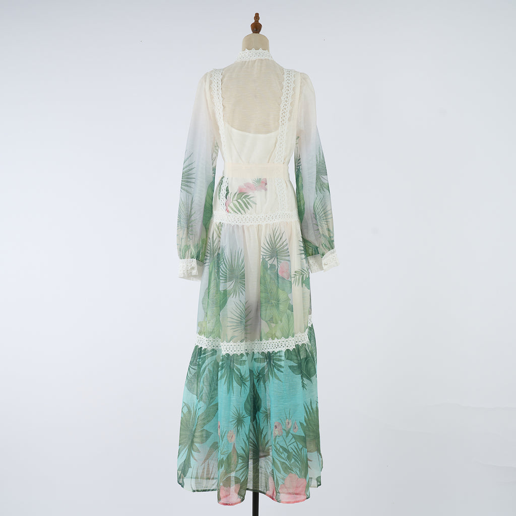 Spring Autumn Stand Up Collar Printed Maxi Dress