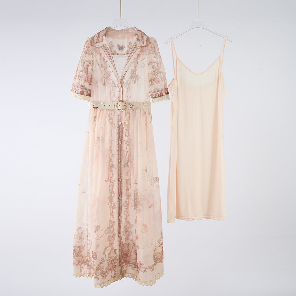 Women's Summer Printed Buttons Stand Up Collar Maxi Dress