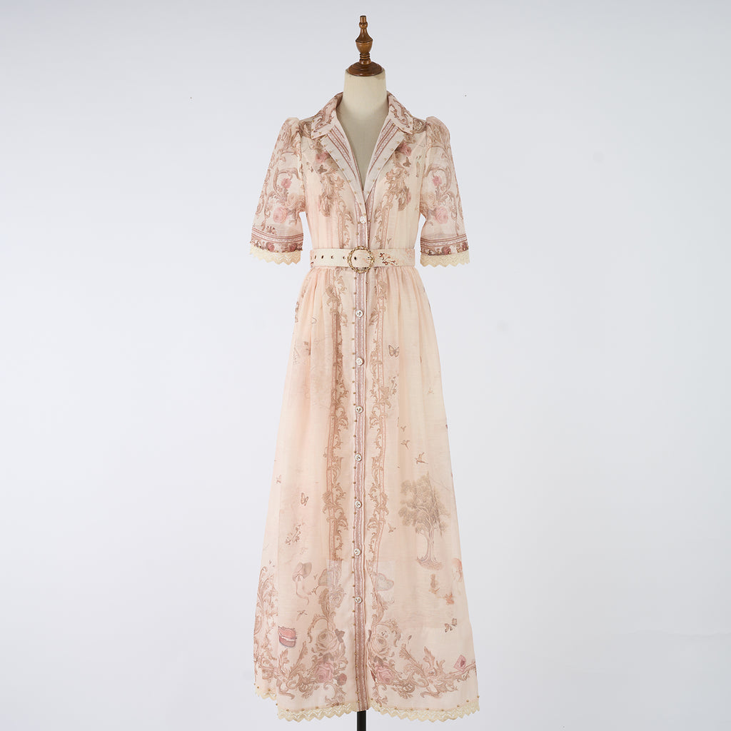 Women's Summer Printed Buttons Stand Up Collar Maxi Dress
