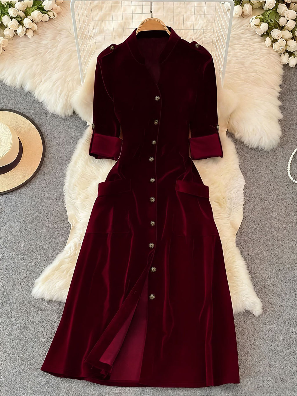 Women's Belted Velvet Collared Maxi Dress