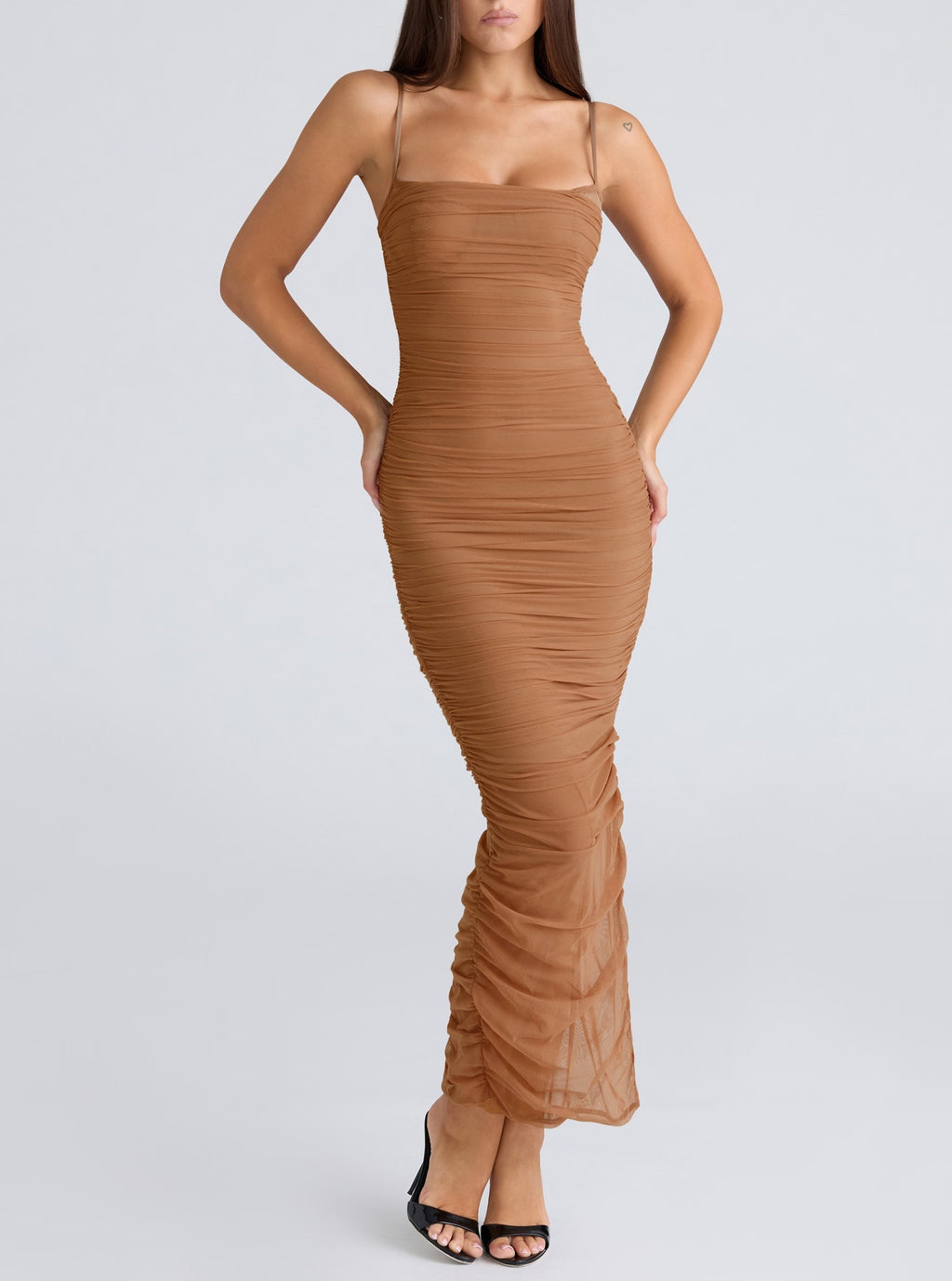 Women's Spaghetti-Strap Mesh Ruched Split Maxi Dress