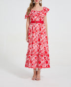 Floral Asymmetric Ruffle A-Line Maxi Dress