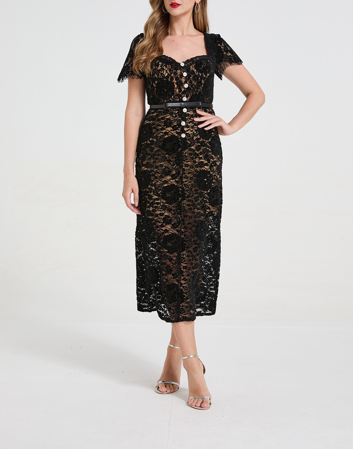 Lace Rhinestone Bow Maxi Dress