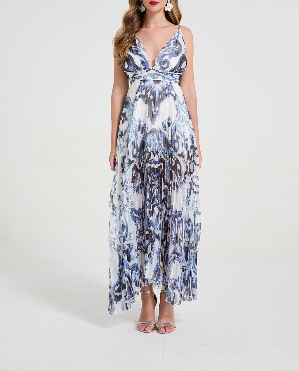 Women's 's Blue & White Porcelain Print Strapless Maxi Dress