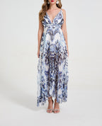 Women's 's Blue & White Porcelain Print Strapless Maxi Dress