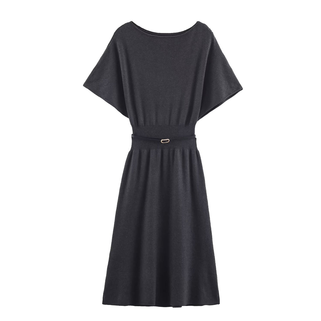 Belted Short-Sleeve Knit A-Line Midi Dress