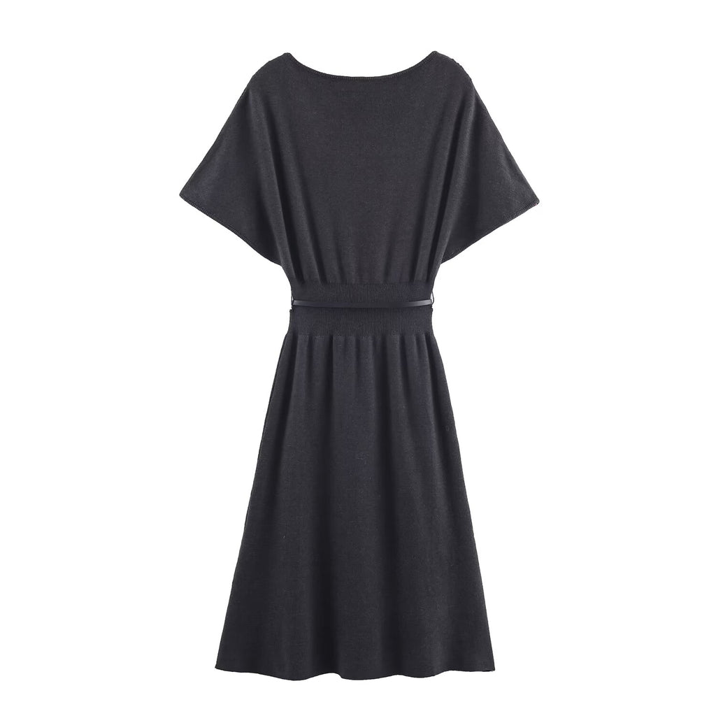 Belted Short-Sleeve Knit A-Line Midi Dress
