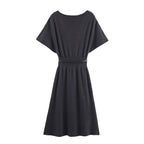 Belted Short-Sleeve Knit A-Line Midi Dress