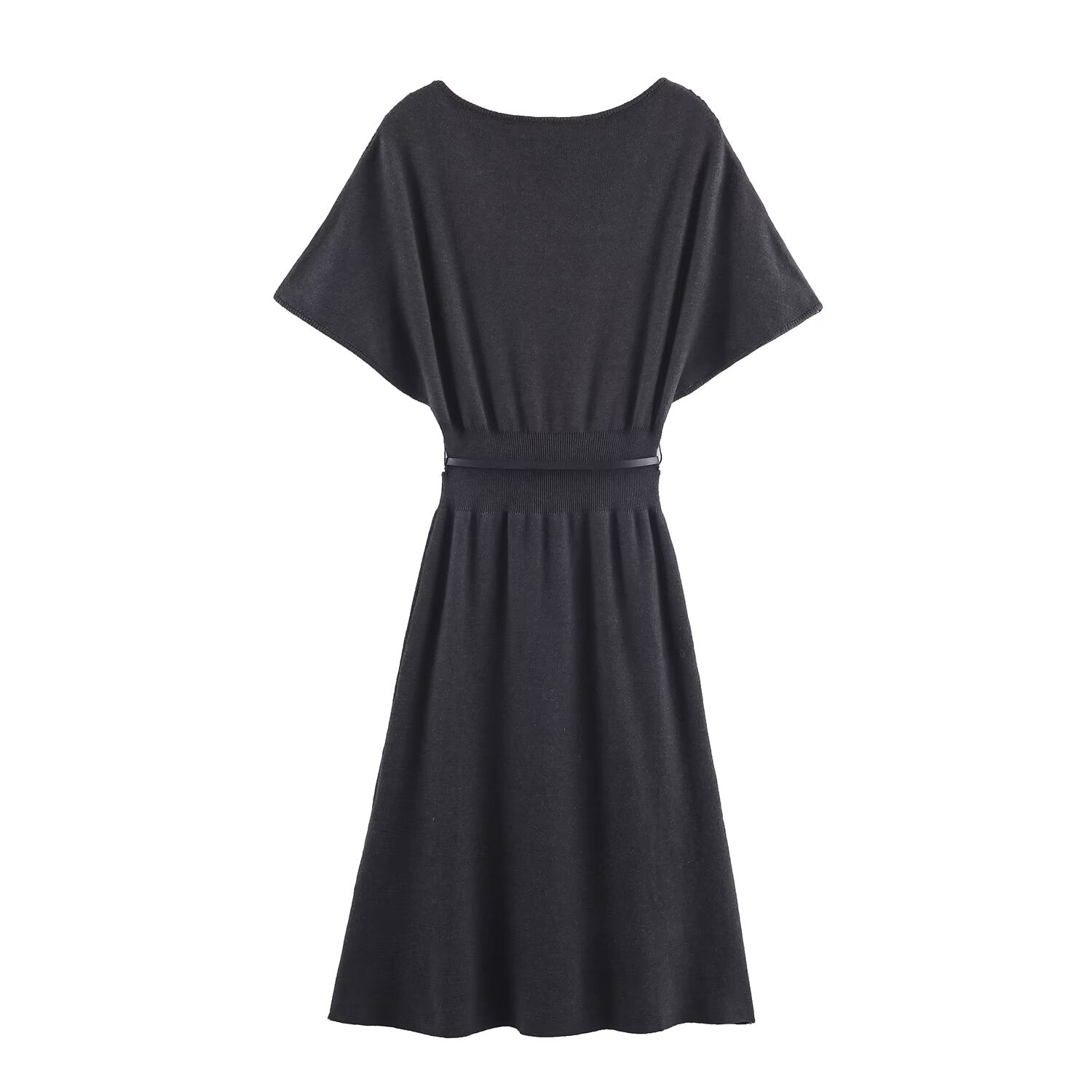 Belted Short-Sleeve Knit A-Line Midi Dress