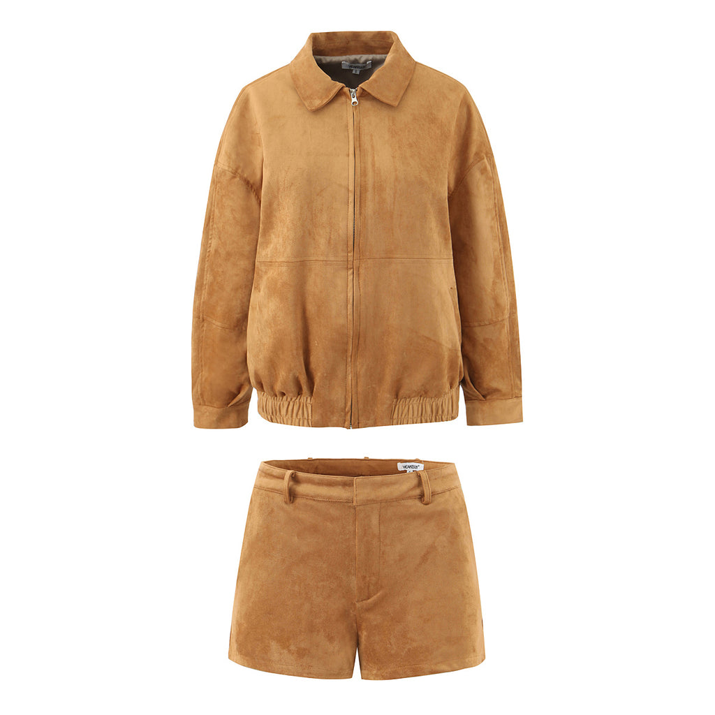 Women's Autumn Winter Vintage Suede Fabric Jacket Coat Suede Shorts Set