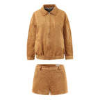 Women's Autumn Winter Vintage Suede Fabric Jacket Coat Suede Shorts Set
