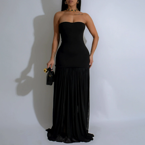 Strapless Mesh Ruched Bodycon Maxi Dress