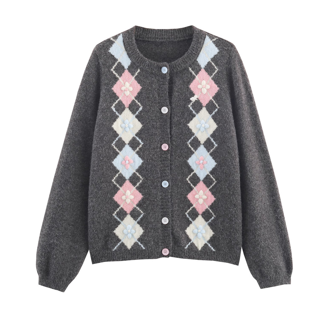 Women's Retro Hit Color Diamond Lattice Soft Cardigan Loose