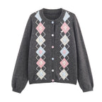 Women's Retro Hit Color Diamond Lattice Soft Cardigan Loose