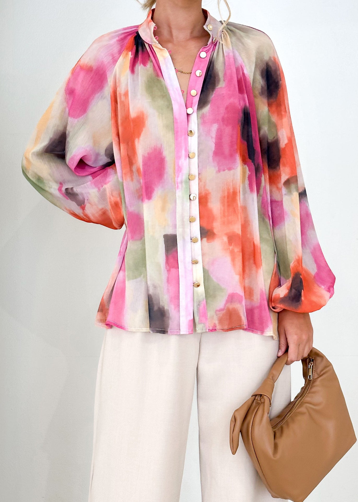 Printed V-Neck Ruched Button Blouse