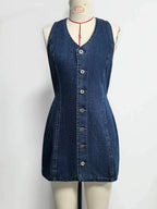 Autumn Button Placket Lace-Up Back Waist Denim Dress Retro
