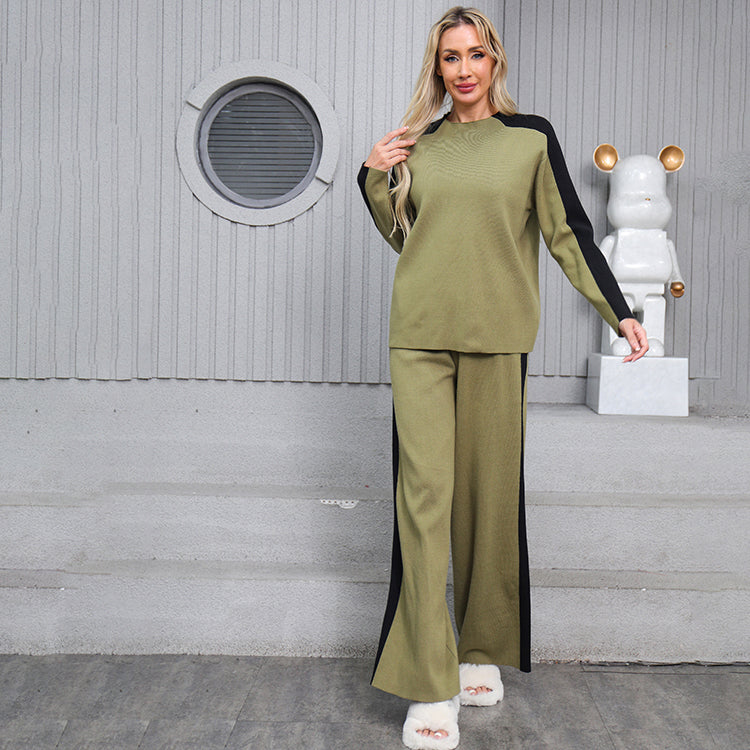 Women's Autumn And Winter Casual Sweater Color Block Two Piece Pants Set